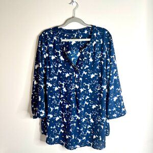 Talbots Popover Abstract Floral Print Blouse Flowy Navy Blue Career Sz 2X